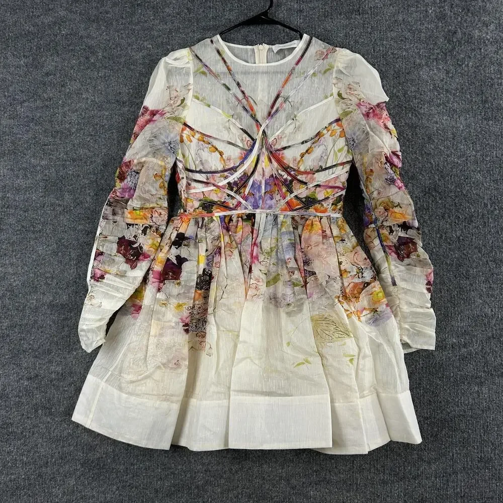 Zimmermann Dress 2 Prima Paneled Floral Silk Linen Organza Mini Romantic Luxury - Picture 8 of 16